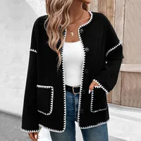 Casual Oversized Fleece Lined Open Cardigan Women's Autumn Winter Coat Color Block Trim  Style Long Sleeve sku image 4
