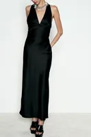 Elegant European Women's Fashion Neckline Backless Split Long Dress V-neck Sleeveless Ankle-length Pure Color Polyester Dress main image 1