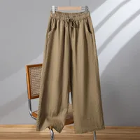 Khaki Cotton Linen Wide Leg Pants Women's Loose Casual Straight Cut Trousers Autumn Spring Season High Waist Nine Point Length main image 2