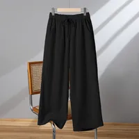 Khaki Cotton Linen Wide Leg Pants Women's Loose Casual Straight Cut Trousers Autumn Spring Season High Waist Nine Point Length main image 4