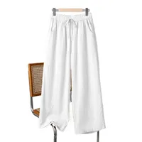 Khaki Cotton Linen Wide Leg Pants Women's Loose Casual Straight Cut Trousers Autumn Spring Season High Waist Nine Point Length main image 5
