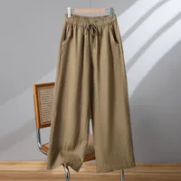 Khaki Cotton Linen Wide Leg Pants Women's Loose Casual Straight Cut Trousers Autumn Spring Season High Waist Nine Point Length sku image 4