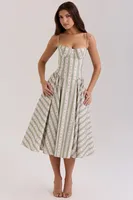 Elegant Green Striped Print 3D Steel Ring Waist Cinched Pleated Dress European Women's Fashion Floral Design V-neck Sleeveless Ankle-length main image 1