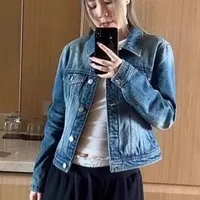 Blue Vintage Denim Jacket Spring Autumn Loose Casual Washed Collar Long Sleeve Women's Fashionable Top Bubble Sleeve Print main image 1