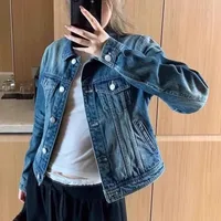 Blue Vintage Denim Jacket Spring Autumn Loose Casual Washed Collar Long Sleeve Women's Fashionable Top Bubble Sleeve Print main image 2