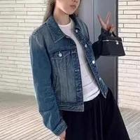 Blue Vintage Denim Jacket Spring Autumn Loose Casual Washed Collar Long Sleeve Women's Fashionable Top Bubble Sleeve Print main image 3