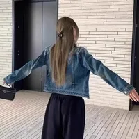 Blue Vintage Denim Jacket Spring Autumn Loose Casual Washed Collar Long Sleeve Women's Fashionable Top Bubble Sleeve Print main image 4
