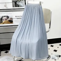 Elegant Satin Feel Chiffon Pleated Midi Skirt Women's Spring Summer Smooth Half-length A-line Skirt Pure Color Casual Style main image 4
