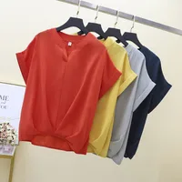 Summer INS Women's Loose Midi Shirt Short Sleeve V-Neck New Style Casual Pure Color Cotton Polyester Blend Blouse main image 1