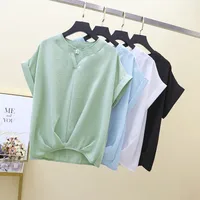 Summer INS Women's Loose Midi Shirt Short Sleeve V-Neck New Style Casual Pure Color Cotton Polyester Blend Blouse main image 2