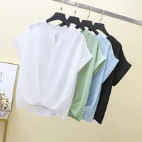 Summer INS Women's Loose Midi Shirt Short Sleeve V-Neck New Style Casual Pure Color Cotton Polyester Blend Blouse main image 3
