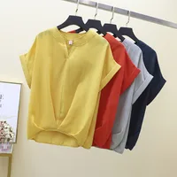 Summer INS Women's Loose Midi Shirt Short Sleeve V-Neck New Style Casual Pure Color Cotton Polyester Blend Blouse main image 4