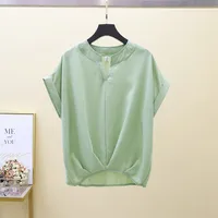Summer INS Women's Loose Midi Shirt Short Sleeve V-Neck New Style Casual Pure Color Cotton Polyester Blend Blouse main image 5