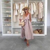 Women's Pure Color Butterfly Knot Belted Dress Casual Long Gown European Style V-neck Sleeveless Ankle-length Full Skirt main image 2