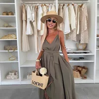 Women's Pure Color Butterfly Knot Belted Dress Casual Long Gown European Style V-neck Sleeveless Ankle-length Full Skirt main image 3