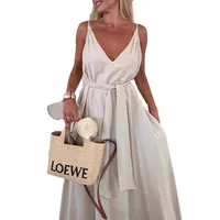 Women's Pure Color Butterfly Knot Belted Dress Casual Long Gown European Style V-neck Sleeveless Ankle-length Full Skirt main image 5