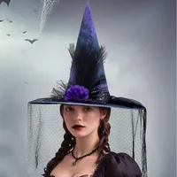 Halloween Baroque Gothic Net Witch Hat Fake Flower Queen Costume Accessory Elegant Festival Witch Hat Handmade Cloth Material main image 2