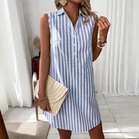 Casual Loose Women's Shirt Dress Button Striped Sleeveless V-neck Midi A-line Skirt Fashionable Comfortable Commute Style main image 1