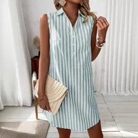Casual Loose Women's Shirt Dress Button Striped Sleeveless V-neck Midi A-line Skirt Fashionable Comfortable Commute Style main image 3