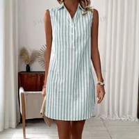 Casual Loose Women's Shirt Dress Button Striped Sleeveless V-neck Midi A-line Skirt Fashionable Comfortable Commute Style main image 4