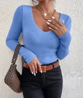 Slim Fit V-Neck Knitwear Women's Fashionable Inner Wear Autumn Winter Polyester Long Sleeve Commute City Style Knitted Sweater sku image 7