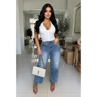 Fashionable Casual Wide Leg Women's Jeans Loose Fit Long Trousers Washed Effect Straight Cut Pants Mid Waist Street Style sku image 2