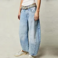 Loose Wide Leg Women's Jeans Casual High Waist Straight Cut Drapey Washed Denim Pants New Style Long Trousers sku image 6