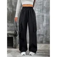High Waist Casual Pants Women's Workwear Pocket Design Pure Color Loose Waist Polyester Fabric Long Pants Casual Style sku image 5