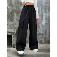 High Waist Casual Pants Women's Workwear Pocket Design Pure Color Loose Waist Polyester Fabric Long Pants Casual Style main image 3