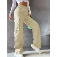 High Waist Casual Pants Women's Workwear Pocket Design Pure Color Loose Waist Polyester Fabric Long Pants Casual Style sku image 8