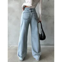 High Waist Draped Denim Pants Women's Loose Straight Leg Long Trousers Casual Style Cotton Blend Elastic main image 2