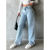 High Waist Draped Denim Pants Women's Loose Straight Leg Long Trousers Casual Style Cotton Blend Elastic main image 3