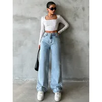 High Waist Draped Denim Pants Women's Loose Straight Leg Long Trousers Casual Style Cotton Blend Elastic main image 4