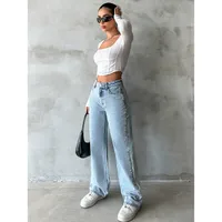 High Waist Draped Denim Pants Women's Loose Straight Leg Long Trousers Casual Style Cotton Blend Elastic main image 5