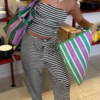 Casual Vacation Two-Piece Set Women's Strapless Long Pants Suit Autumn Winter Stripe Pattern Elastic Knitted Fabric No Sleeve main image 3