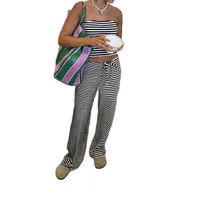 Casual Vacation Two-Piece Set Women's Strapless Long Pants Suit Autumn Winter Stripe Pattern Elastic Knitted Fabric No Sleeve main image 5