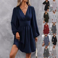 Elegant High Waist Lantern Sleeve Gown  Style Autumn Winter New Fashion Side Collar Pleated Waist Dress main image 1