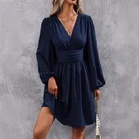 Elegant High Waist Lantern Sleeve Gown  Style Autumn Winter New Fashion Side Collar Pleated Waist Dress main image 2
