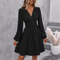 Elegant High Waist Lantern Sleeve Gown  Style Autumn Winter New Fashion Side Collar Pleated Waist Dress main image 3