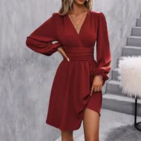 Elegant High Waist Lantern Sleeve Gown  Style Autumn Winter New Fashion Side Collar Pleated Waist Dress main image 4