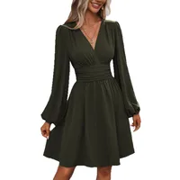 Elegant High Waist Lantern Sleeve Gown  Style Autumn Winter New Fashion Side Collar Pleated Waist Dress main image 5