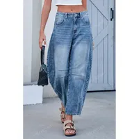 Casual Wide Leg Women's Jeans Loose Fit Long Trousers  Fashion Washed Cotton Polyester Straight Leg Jeans sku image 2