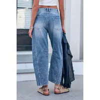 Casual Wide Leg Women's Jeans Loose Fit Long Trousers  Fashion Washed Cotton Polyester Straight Leg Jeans main image 4