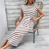 Elegant Long Striped Dress With Waist Tie Round Neck Short Sleeve For Women Summer Fashionable Midi Skirt Vintage French Style main image 2