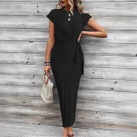 Elegant Long Striped Dress With Waist Tie Round Neck Short Sleeve For Women Summer Fashionable Midi Skirt Vintage French Style main image 3