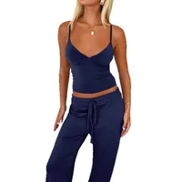 Diyun Women's Sport Yoga Set Summer Strap Vest Pants European American Style Sleeveless Knitted Pure Color Casual Outfit main image 5
