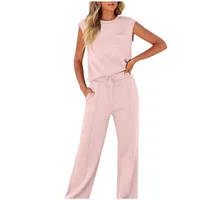 Casual High Waist Sleeveless Women's Fashion Set New Pure Color Top And Wide Leg Pants Two Piece Suit Comfortable Breathable main image 2