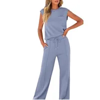 Casual High Waist Sleeveless Women's Fashion Set New Pure Color Top And Wide Leg Pants Two Piece Suit Comfortable Breathable main image 3