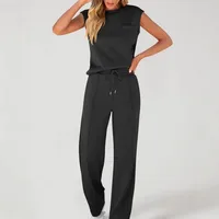 Casual High Waist Sleeveless Women's Fashion Set New Pure Color Top And Wide Leg Pants Two Piece Suit Comfortable Breathable main image 4