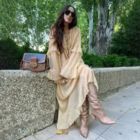 Deep V Neck Bell Sleeve Long Dress European Style Beachwear See Through Big Skirt Hem Lace Trim Ankle Length A Line Dress main image 3